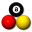 Billiard balls including black 8-ball, red, and yellow balls arranged for blackball pool