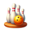 Bowling scene with four pins in triangle formation and an orange ball on a wooden lane