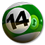 Green and white striped billiard ball with number 14 with reflected yellow 1 ball